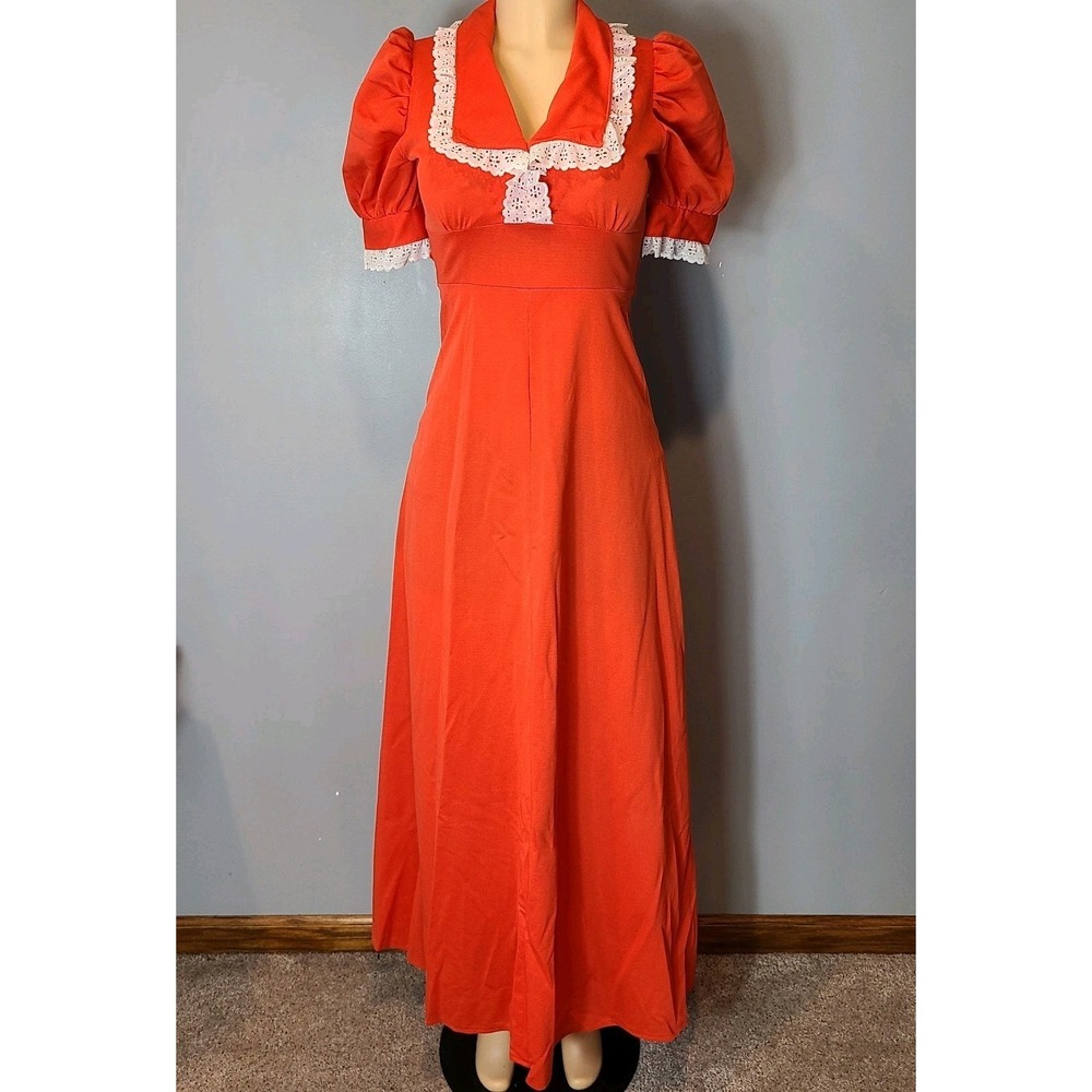 Vtg 70s Prairie Maxi Dress Orange Size XS Cottage Boho Lace 40s Country Tie Back